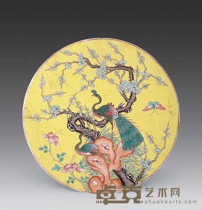 清 黄地粉彩花鸟圆瓷板 直径29cm